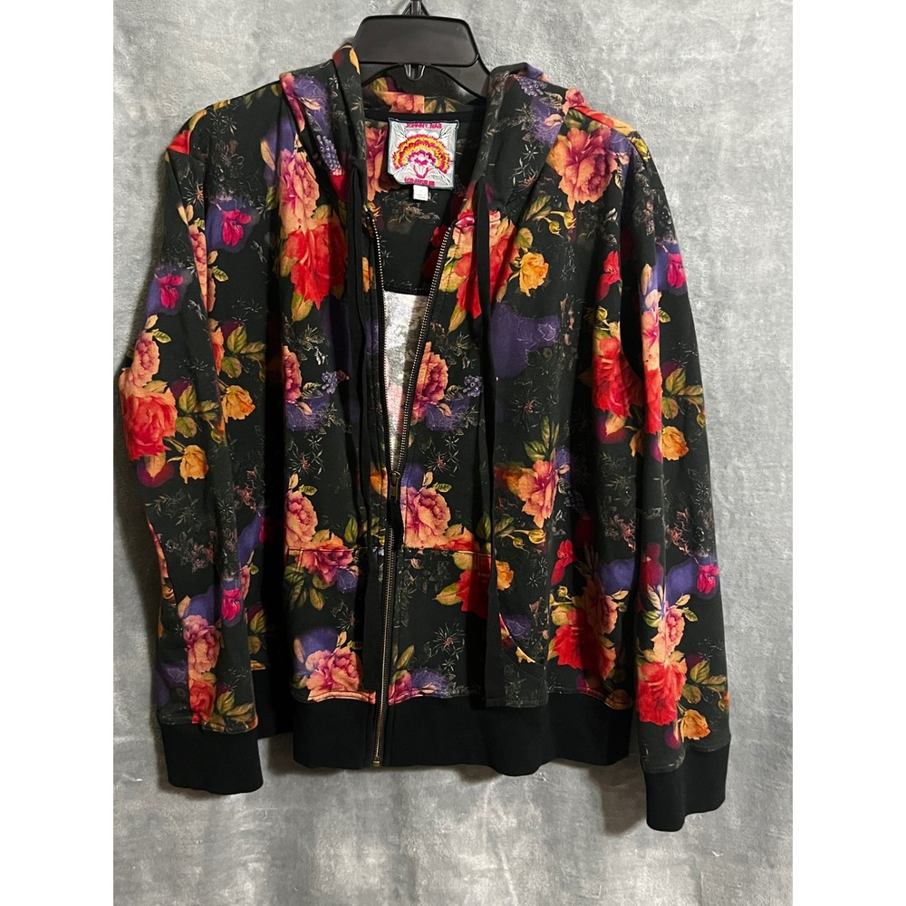 Johnny Was L Black Floral Rose Print Zip Up Hoodie Jacket Boho Romantic Gothic